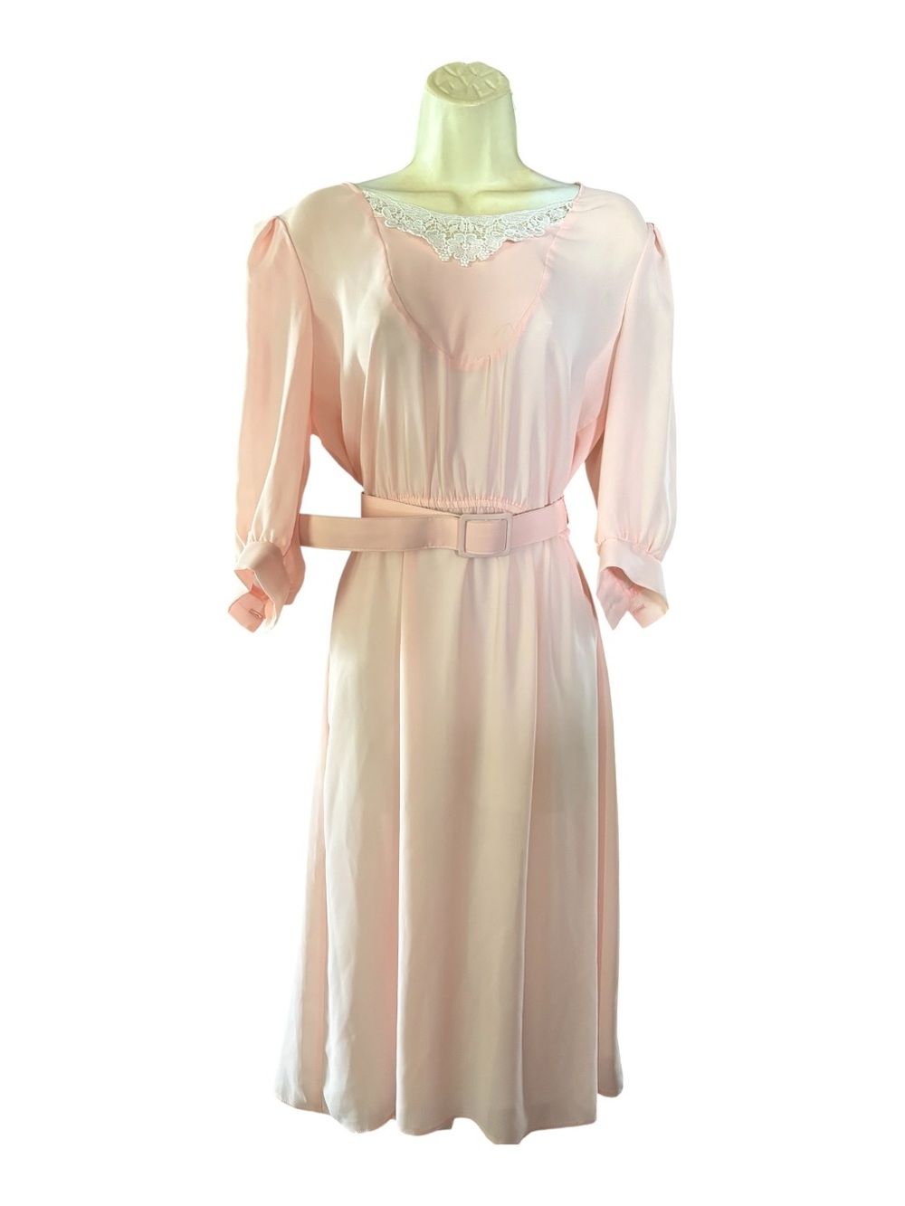 Vintage Light Pink Cowl‑Back Dress with 3/4 Sleeves & Elastic Waist
